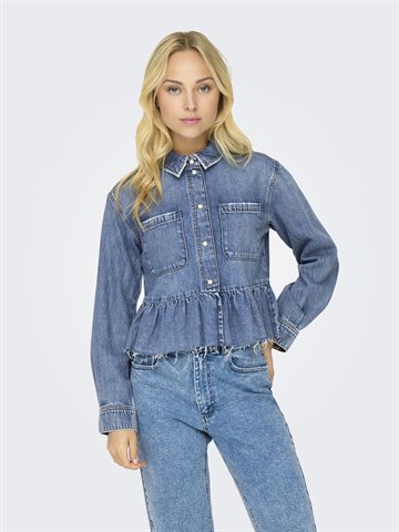 ONLY ELLI FRILL DENIM SKJORTE MEDIUM BLUE- 15325553